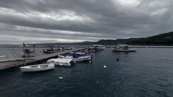 Рыбацкие Лодки Причаливающие Гавани Страшные Скрипящие Звуки Темный Зимний День — стоковое видео