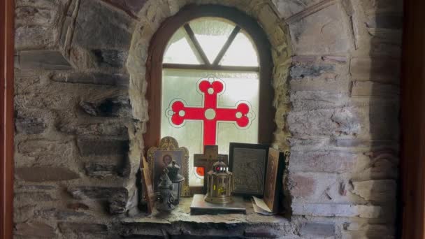 Ortodoxa Helgedom Interiör Heliga Korset Vitro Art Glass — Stockvideo