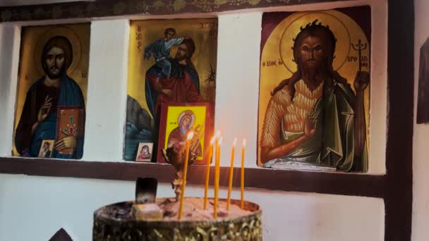 Beeswax Candles Burning Abandoned Orthodox Chapel Interior — Stockvideo