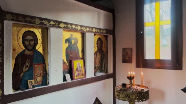 Abandoned Orthodox Chapel Interior Holy Icons Candles Burning — Stockvideo