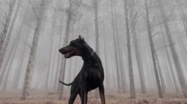 Uzun Doberman Pinscher Köpek Çam Ağacı Ormanında Duruyor, Sisli Yağmurlu Gün 34K Video