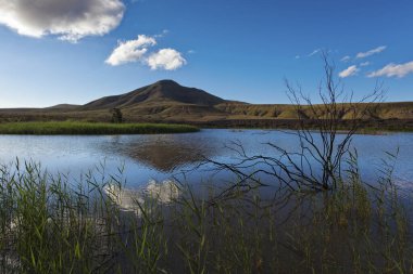 Göl ve dağlarla dolu güzel bir manzara.