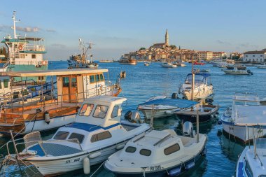 Rovinj, Croatia - August 26th, 2021: Morning view to Rovinj marina and Rovinj old town, popular travel destination in Istrian county of Croatia