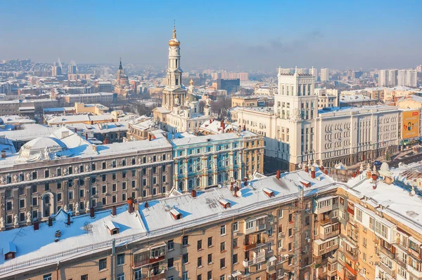 stock image Kharkiv, Ukraine - January 20th, 2021: Aerial view to the central part of the city with historic buildings and city administration