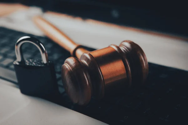 Gavel with  lock on computer keyboard. Data Protection Concept.