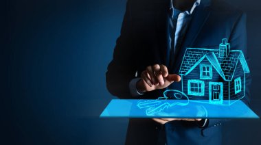 Işıldayan mavi bir ikon tutan iş adamı