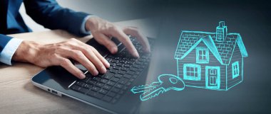 Modern dizüstü bilgisayar kullanan iş adamı, ev güvenliği kavramı