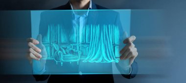 İşadamı parmaklarıyla dijital bir arayüze dokunuyor