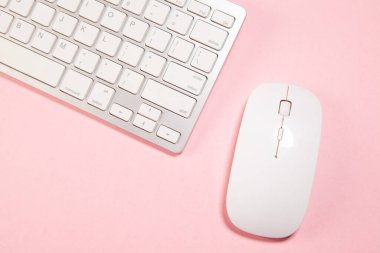 Pembe kağıt arka planda beyaz bilgisayar klavyesi ve fare