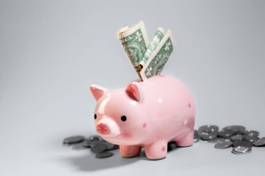 Gri arka planda parası olan kumbara, tasarruf kavramı