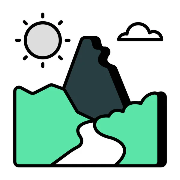 Ikon Desain Unik Pegunungan Dengan Matahari Yang Menunjukkan Cuaca Perbukitan - Stok Vektor