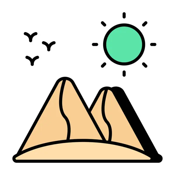 Ikon Desain Unik Pegunungan Dengan Matahari Yang Menunjukkan Cuaca Perbukitan - Stok Vektor