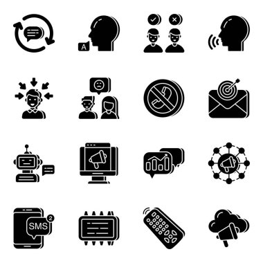 İletişim simgelerinin tam bir koleksiyonu burada. Bu simgelerde yenilikçi bir tasarımda sohbet ve forum tartışmalarıyla ilgili kavramlar yer almaktadır. Bu kümenin, pazarlama projeleriniz için kullanışlı olacak mükemmel vektörleri var.