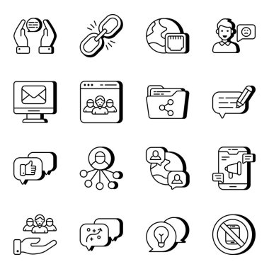 İletişim lineer simgelerinin tam bir koleksiyonu burada. Bu simgelerde yenilikçi bir tasarımda sohbet ve forum tartışmalarıyla ilgili kavramlar yer almaktadır. Bu kümenin, pazarlama projeleriniz için kullanışlı olacak mükemmel vektörleri var.