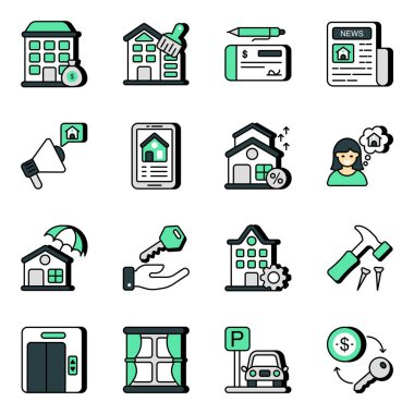 Burada düzenlenebilir kalitede emlak simgeleri var. Bu simgeleri marka kimliği olarak kullanmak işi kesinlikle başarılı kılacaktır.