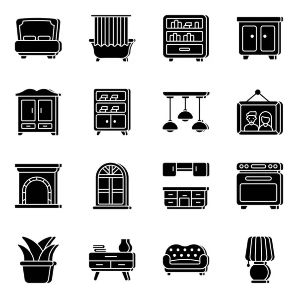 Paquete Iconos Sólidos Los Muebles — Archivo Imágenes Vectoriales