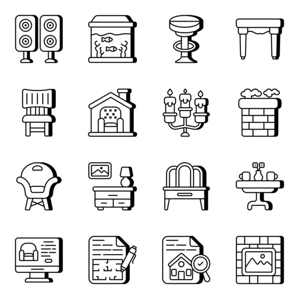 stock vector Pack of Furniture and Appliances Linear Icons