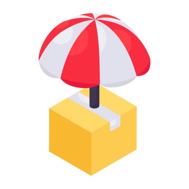 Box under umbrella, icon of parcel insurance