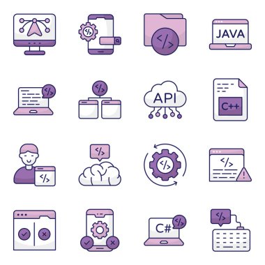 Burada bir dizayn setinde bazı renkli simgeler var. Modern tarz vektörleri beyaz arkaplanda izole edilmiştir. Web kodlaması, kablo çerçevesi, müşteri incelemesi, analiz ve daha fazlası.