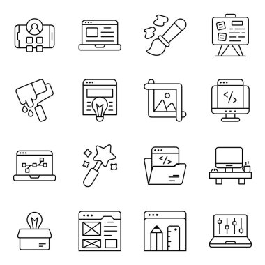 Burada bir dizayn setinde bazı renkli simgeler var. Modern tarz vektörleri beyaz arkaplanda izole edilmiştir. Web kodlaması, kablo çerçevesi, müşteri incelemesi, analiz ve daha fazlası.