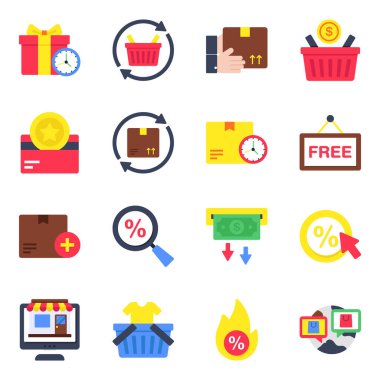 Alışveriş ve Ticaret Düz Simgeleri Seti 