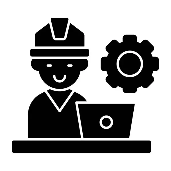 Avatar dizüstü bilgisayarın önünde şapka takıyor, iş ikonu.