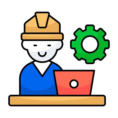 Avatar dizüstü bilgisayarın önünde şapka takıyor, iş ikonu.