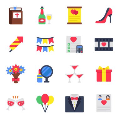 Evlilik Düz Simgeleri Seti