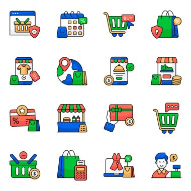 Alışveriş ve Ticaret Düz Simgesi Paketi