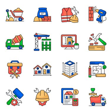 İnşaat Yönetimi Düz Simgeleri Seti