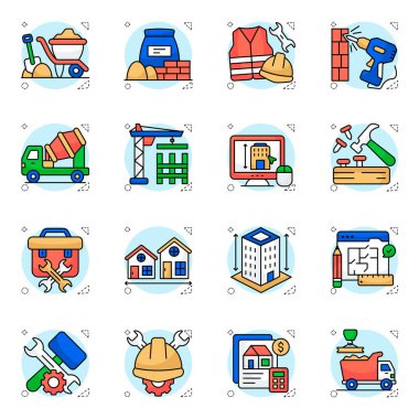 İnşaat Yönetimi Düz Simgeleri Seti