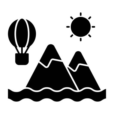 Sıcak hava balonlu dağların eşsiz tasarım ikonu tepeleri sergiliyor.