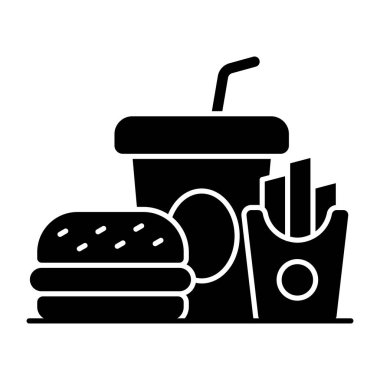 Hamburgerin modern tasarım ikonu, içecek ve patates kızartması, fast food ikonu