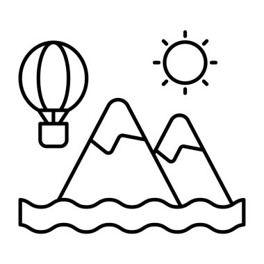 Sıcak hava balonlu dağların eşsiz tasarım ikonu tepeleri sergiliyor.