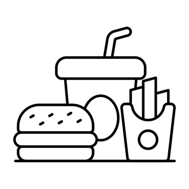 Hamburgerin modern tasarım ikonu, içecek ve patates kızartması, fast food ikonu