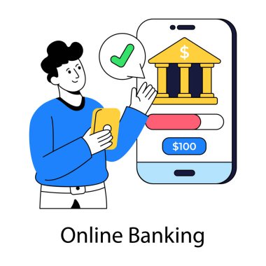 İçerideki banka binası, çevrimiçi bankacılık illüstrasyonu kavramı