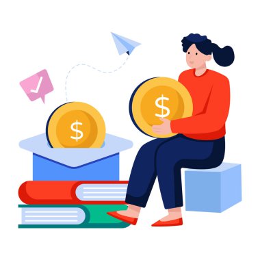 Kitapları ve dolar çuvalları olan mortarboard, eğitim ödeneğinin düz tasarımı