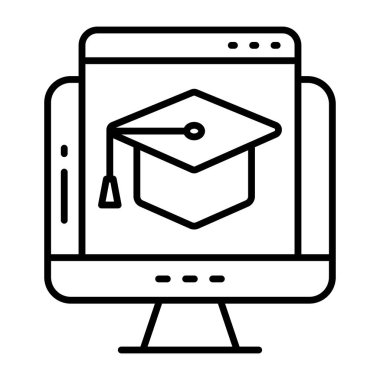 Mortarboard içerideki monitör, çevrimiçi eğitim simgesi