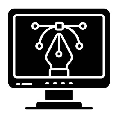 Pen with nodes inside monitor, bezier tool icon 