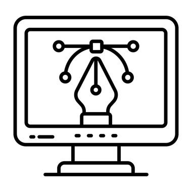 Pen with nodes inside monitor, bezier tool icon 