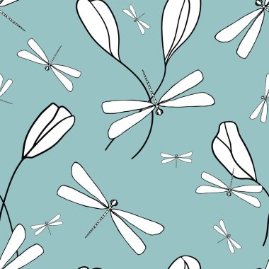 Vektör pastel turkuaz yusufçuk günü beyaz, pürüzsüz desen. Tek renkli tomurcuklar ve yusufçuklar yumuşak pastel arka planda farklı boyutlarda. Labellula koleksiyonunun bir parçası.