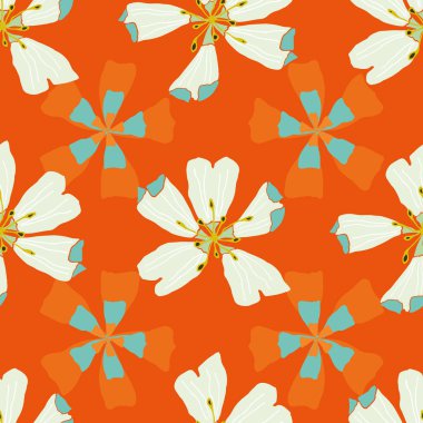 70 'lerin flörtü, turuncu, pürüzsüz yol. Turuncu ve turkuaz arka plan çiçekleri arasında büyük parlak çiçekler dizilmiştir. Kadın kıyafetleri için mükemmel. Birinci Çiçek koleksiyonunun bir parçası.