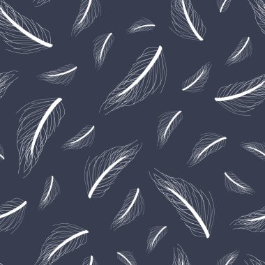 Tüy Fırtınası. Vektör kömür dikişsiz desen. Düz ama çekici beyaz tüylerin koyu arkaplanda farklı boyutlarda dizilişi. Son Ada Sanatı 'ndan Epiphany koleksiyonunun bir parçası.