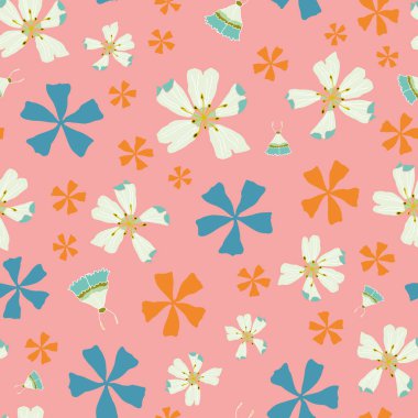 Vector pink seamless pattern: Floral Fantasy. Blossoms and tiny butterflies dancing merrily on a pink background. Part of First Floral collection.