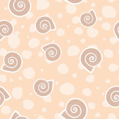 Vector bisque seamless pattern: Delicate Snails. Pink beige snail shells scattered on pale hailstones or pebbles on a bisque background. Part of Hail In The Fields collection.