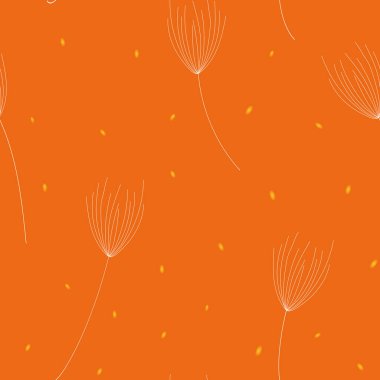 Turuncu, pürüzsüz desen, Uçan Ruh tohumları. İspanyol turuncu arka planında minik tohumlar arasında zarif bir şekilde dans eden hafif umbels. Ruh Çiçekleri koleksiyonunun bir parçası.