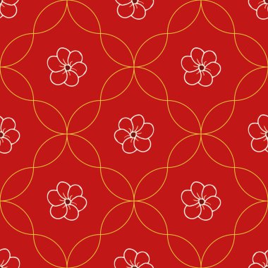 Vektörsüz şablon arkaplan: baharatlı kırmızı güller. Venedik 'in canlı kırmızı arka planında birbirine dolanmış altın çizgiler arasında duran küçük kırmızı çiçekler. Trellis 'te Rosette Koleksiyonunun Bir parçası.