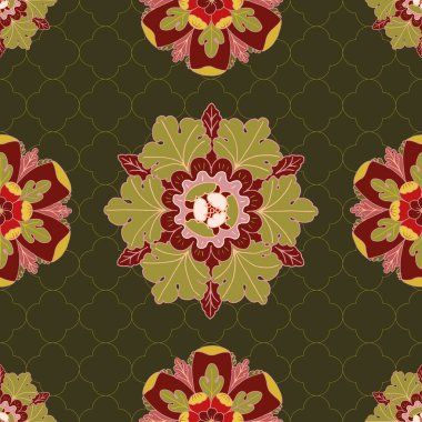 Vektörsüz şablon arka planı: Altın Kafes. Koyu yeşil arka planda narin bir altın kafesin önünde çapraz poz veren iki farklı roset. Trellis 'te Rosette Koleksiyonunun Bir parçası.