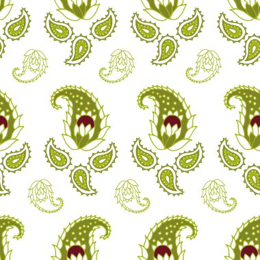 Vektörsüz şablon arka planı: Parlak şal deseni. Beyaz arka planda sıra sıra dizilmiş desenli damlacıklar. Paisley Konumları koleksiyonunun bir parçası.