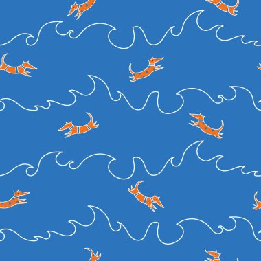 Vektörsüz şablon arka planı: banyo eğlencesi. Küçük turuncu köpekler mavi deniz arka planında dalgaların arasında oynuyorlar. 